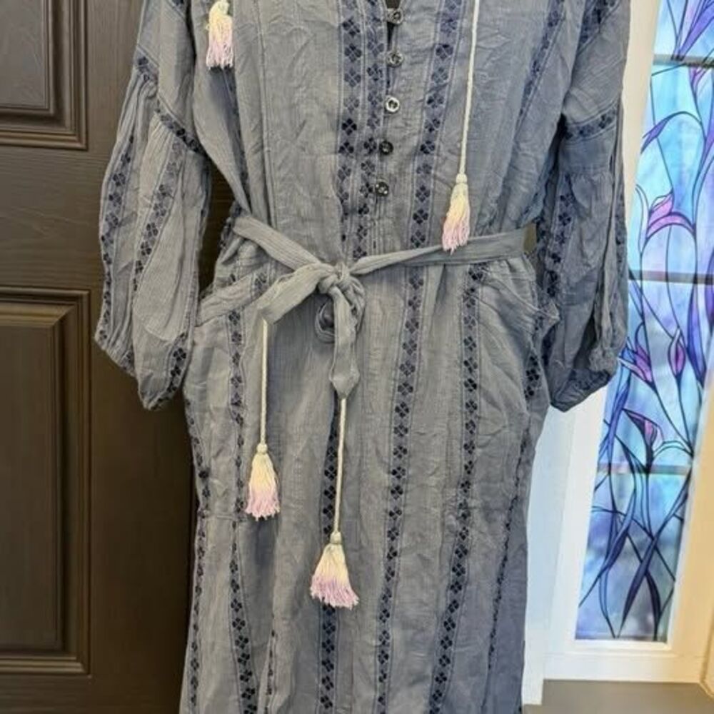 VTG Light Blue Fiesta Tunic Embroidered Hello Cupid New Zealand  Sz S Vacation